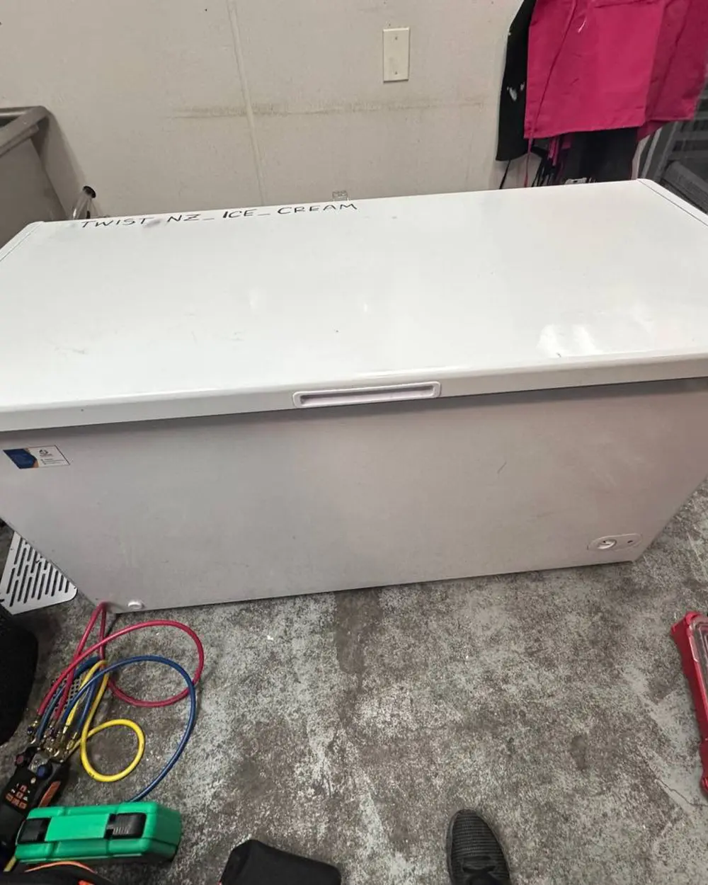 Chest freezer diagnosed with refrigerant gauges during an Escondido repair